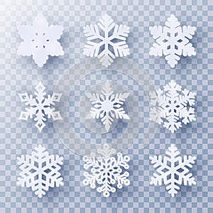 Vector set of 9 paper cut snowflakes with shadow