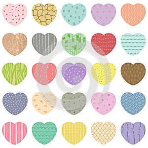 Vector set of pastel gift tags, cute colorful hand drawn illustration, blank label in heart frame with doodle pattern