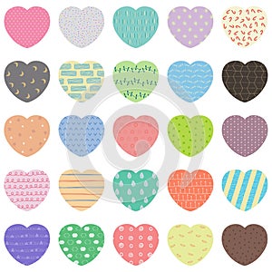 Vector set of pastel gift tags, cute colorful hand drawn illustration, blank label in heart frame with doodle pattern