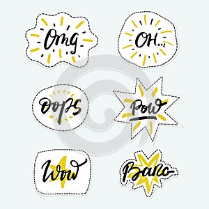 Vector set of patch badges with hand drawn phrases in brush style - slang expressions.