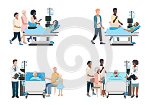 Vector set of patients, doctors and visitors of different ages and nationalities