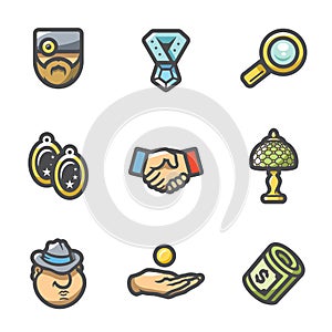 Vector Set of Pawnshop Icons. Appraiser, Jewel, Cost estimate, Jewelry, Deal, Rarity, Criminal, Pay, Money.