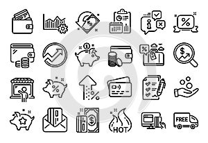 Vector set of Payment method, Increasing percent and Saving money line icons set. Vector