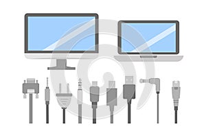 Vector set of PC flat icons. Cable wire computer and electricity plug collection.
