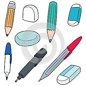 Vector set of pen, pencil, eraser