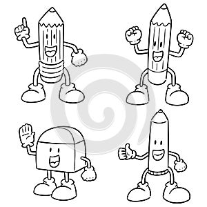 Vector set of pen, pencil and eraser cartoon