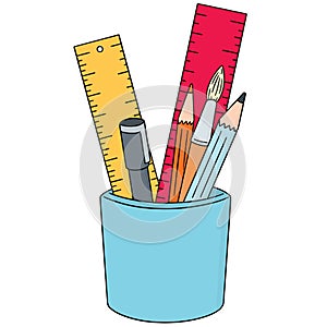 Vector set of pen, pencil, paintbrush and ruler