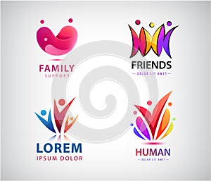 Vector set of people logos. Human, man community, social connection icons. Creative group, social care, kids