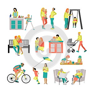 Vector set of people in situations at home and park. Illustration flat style, icons isolated on white background.