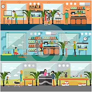 Vector set of pet shop concept posters in flat style