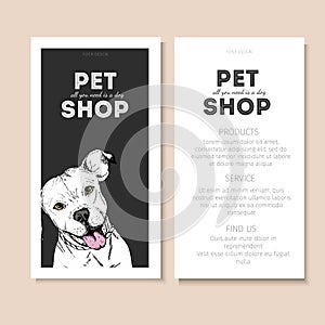 Vector set of pet shop flyers. Dog portrait on black square text template. White informational list.