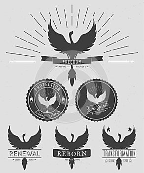 Vector set of phoenix symbol vintage logos, emblems, silhouettes and design elements. Symbolic logos with textures