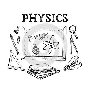 Vector set of Physics science theory and bonding formula equation, tool model icon in white isolated background. Doodle