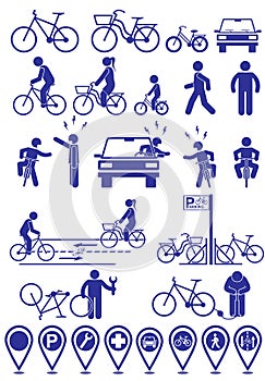 Vector set pictograms bicycle infrastructure icons. Vector bike accessories set.Various cycling poses in silhouettes