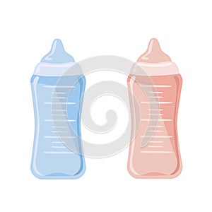 Vector set of pink and blue baby bottles