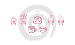 Vector set of pink cupcakes with decoration, coffee or tea mug, isolated