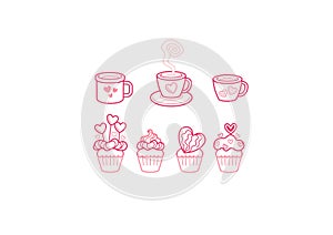 Vector set of pink cupcakes with decoration, coffee or tea mug, isolated