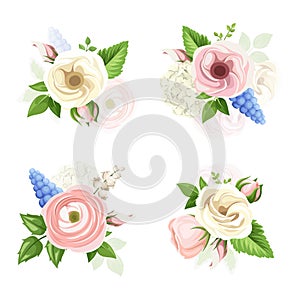 Vector set of pink, white and blue flowers. photo