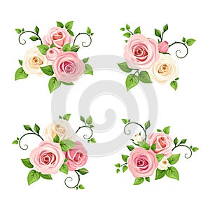 Vector set of pink and white roses branches.