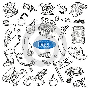 Vector set of pirate items, colorless cartoon collection