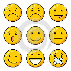 Vector Set of Pixel Art Yellow Emoticons