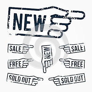 Vector set: pointing hand rubber stamps: new, sale, free, sold out