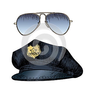 Vector set of policeman uniform. Cap hat and aviators sunglasses. Hand drawn engraved style.