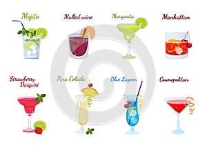 Vector set of popular alcoholic cocktails isolated on a white background. Cocktail menu. Mojito, mulled wine and