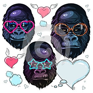 Vector set portrait monkey, gorilla in the fashion bright glasses, portrait of monkey in sunglasses