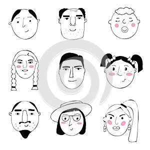 Vector set of portraits of people. Cartoon funny minimalistic female and male characters. Drawings of people's faces with
