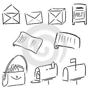 Vector set of post icons - letters, bag, box