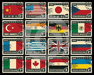 Set of stamps with flags of different countries