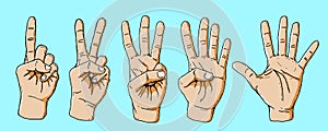 Vector set posture of counting fingers 1-2-3-4-5 isolated on blue background, cartoon sketch drawing style. body language gesture