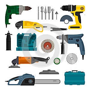 Vector set of power electric tools. Repair and construction working equipment.