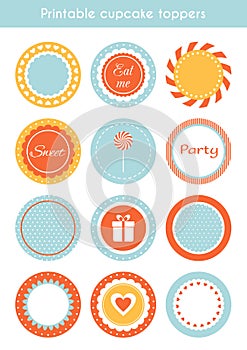 Vector set of printable cupcake toppers, labels photo