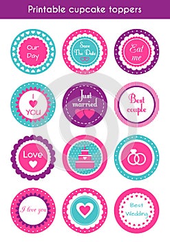 Vector set of printable cupcake wedding toppers