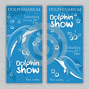 Vector set of printable dolphinarium banner with hand drawn cartoon dolphins and text. Can be used as a ticket design