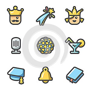 Vector Set of Prom Icons. King, Firework, Queen, Equipment, Disco, Alcohol, Master, Last Call, Scenario.