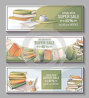 Vector set of promo sale banners for bookstore, bookshop, library