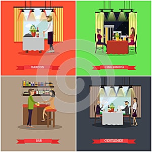 Vector set of pub and restaurant concept posters, flat style