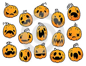 Vector set of pumpkin Emoji for Halloween. Funny, scared, angry pumpkins.