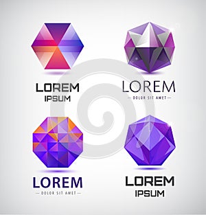 Vector set of purple crystal, faceted logos