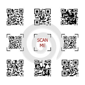 Vector Set of QR Codes, Scan Me, Code Generator Concept, Black Icons Isolated.