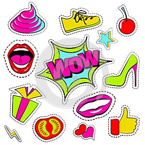 Vector set of quirky cartoon patch badge, sticker, fashion pins. Hand drawn set with open mouth, high-heel shoes, cherry, heart