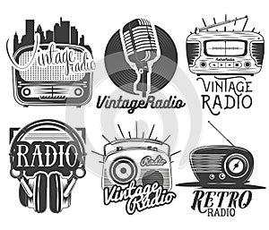 Vector set of radio and music labels in vintage style isolated on white background.