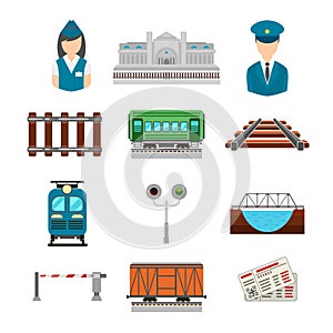 Vector set of railroad icons in flat style