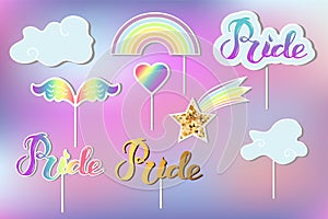 Vector set with Rainbow, cloud, heart, wings.