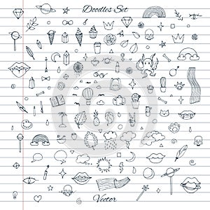 Vector set of random doodles with clouds, rainbows, lips, cats, cactus, plants