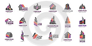 Vector set of real estate logos, building constructions, towers, city scapes icons, house structure signs