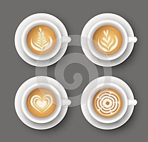 Vector set with realistic cups with coffee. Collection of Latte art top view